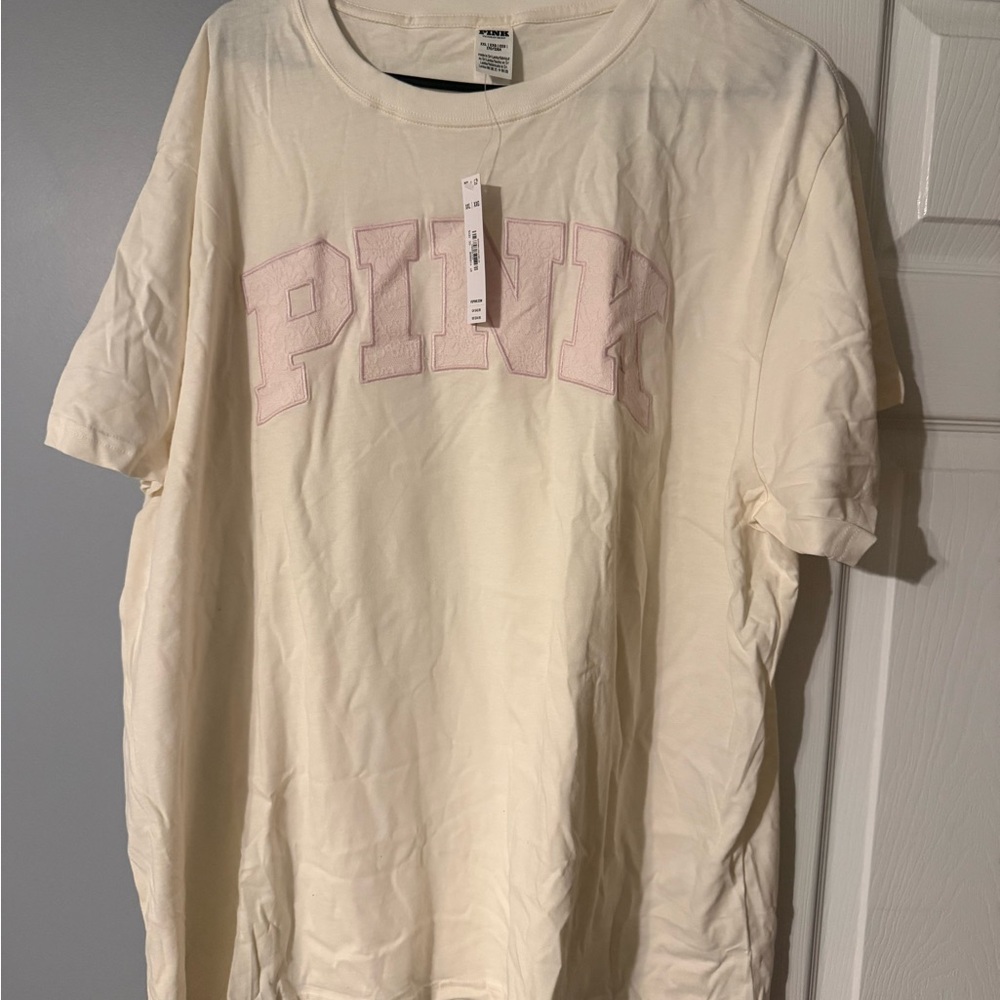 PINK Victoria's Secret Cream Short Sleeve Tee with Pink Logo